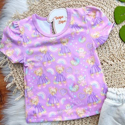 Conj. Blusa Ursinhas e Short Saia com Pompom - Lilás e Areia
